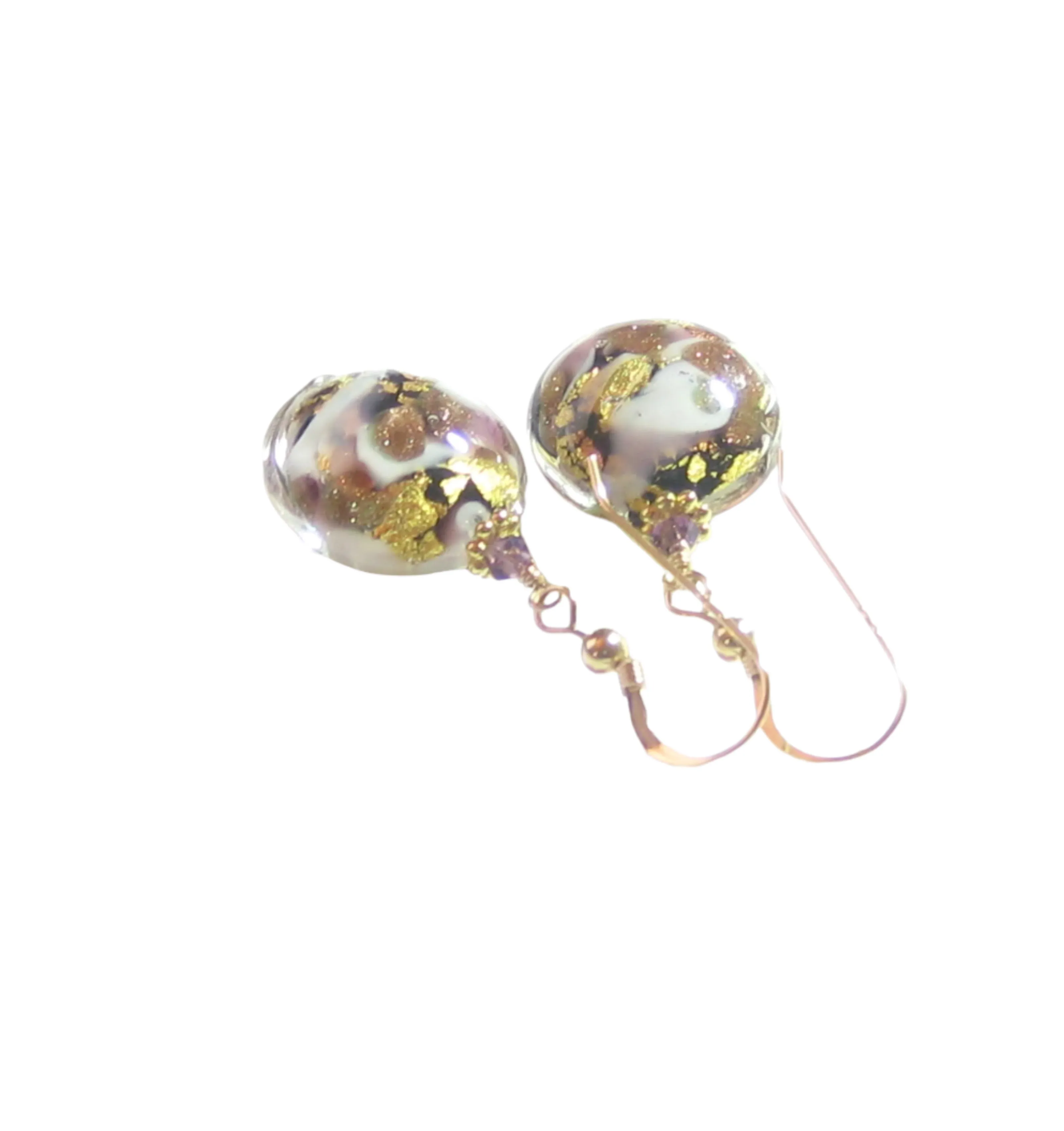 Murano Glass Amethyst Black Disc Gold Earrings, Fishhook Earrings