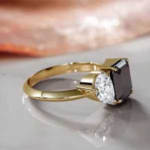 Neptune'S Moons -   Two Stone  Natural Black Diamond Emerald Cut Engagement Ring  in Yellow Gold