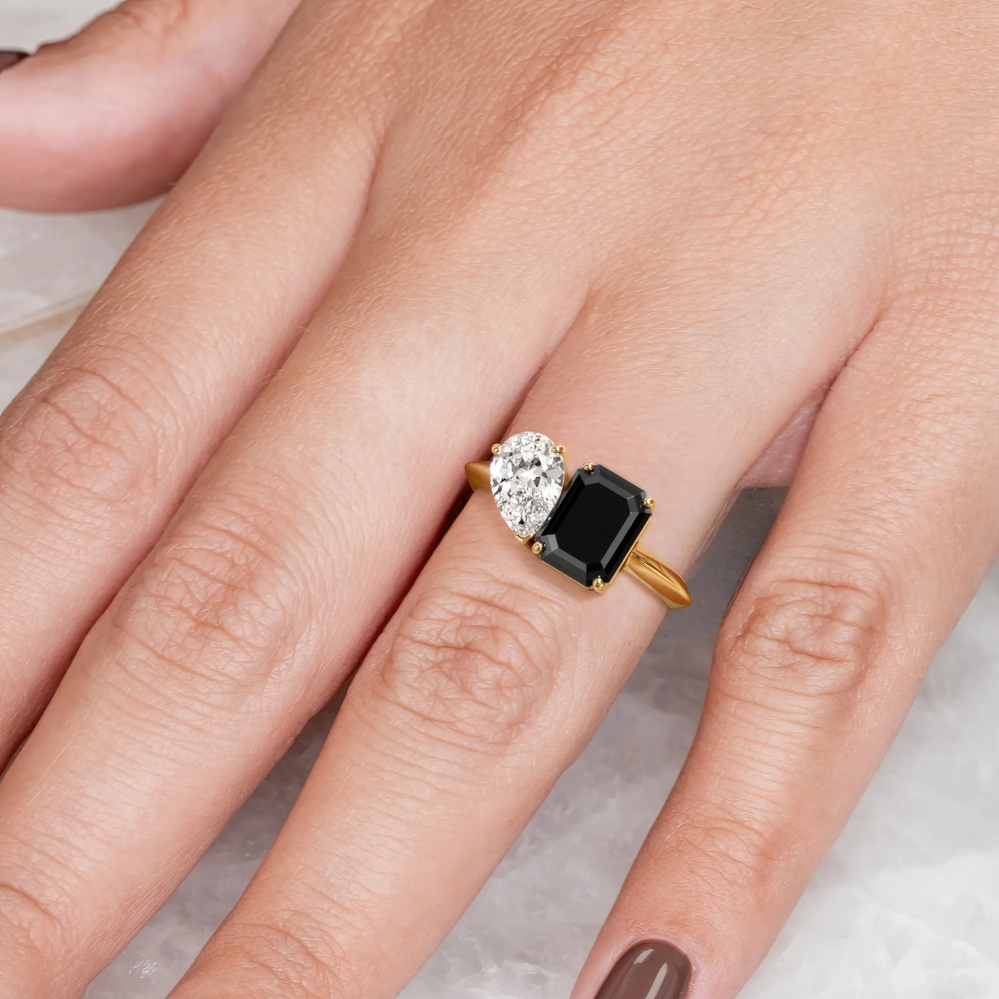 Neptune'S Moons -   Two Stone  Natural Black Diamond Emerald Cut Engagement Ring  in Yellow Gold