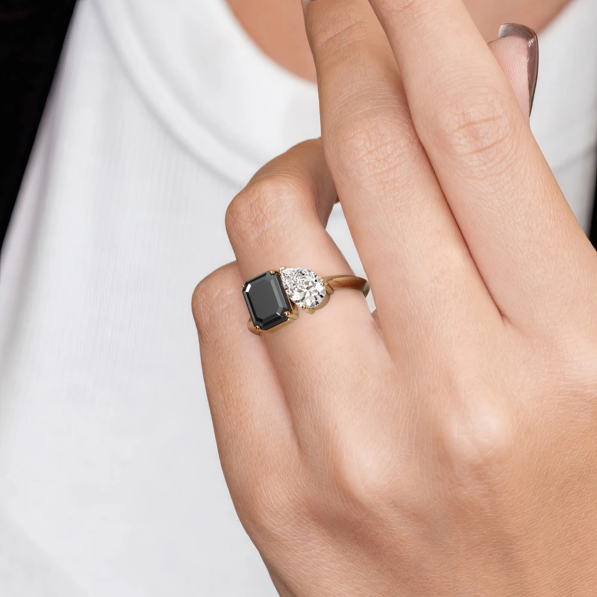 Neptune'S Moons -   Two Stone  Natural Black Diamond Emerald Cut Engagement Ring  in Yellow Gold