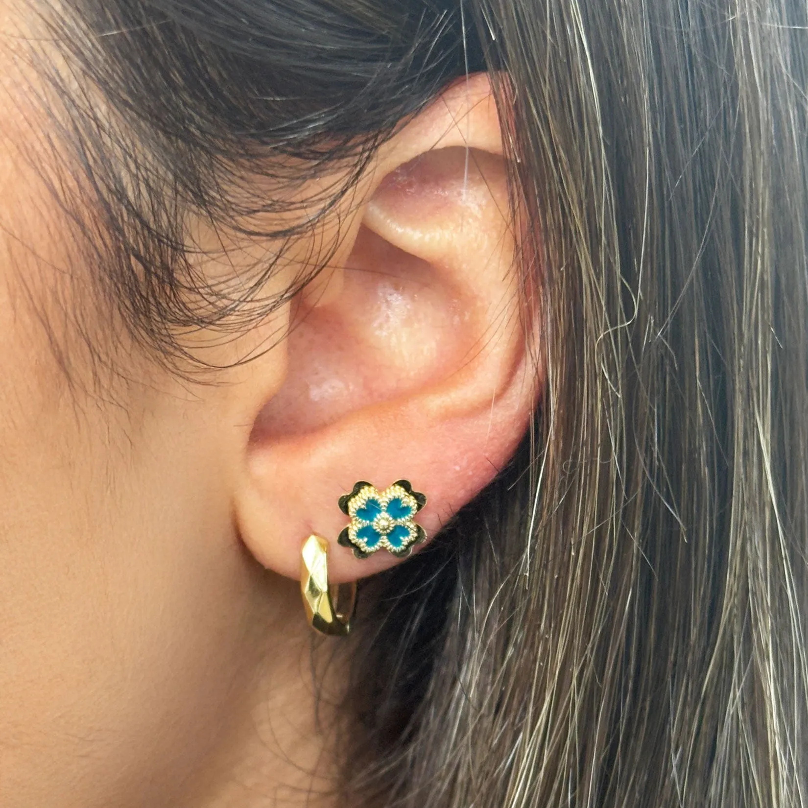 Ocean Blue Enamel Four Leaf Clover Stud Earrings