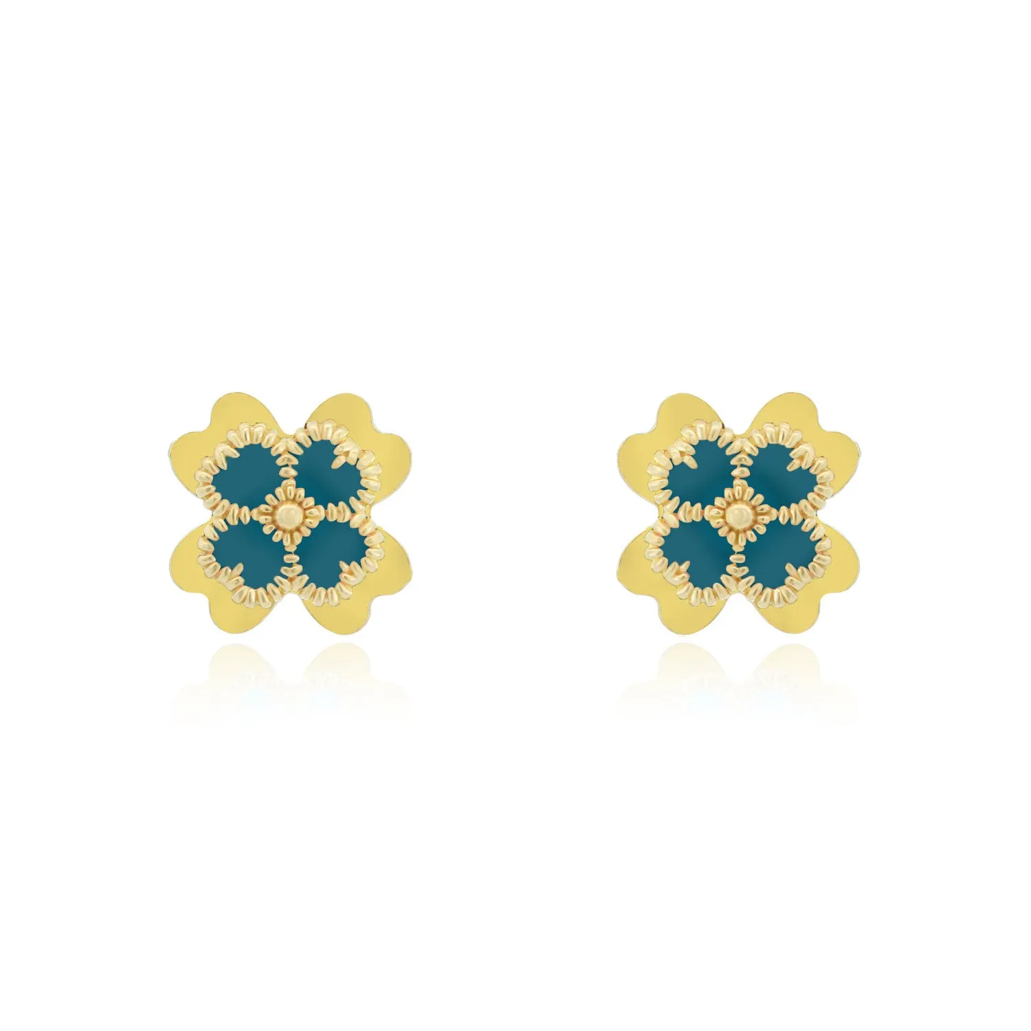 Ocean Blue Enamel Four Leaf Clover Stud Earrings