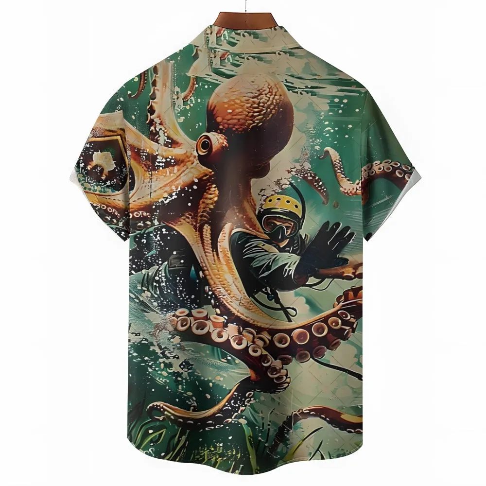 Octopus Diver Printed Casual Oversized Short Sleeve Shirt 2407000599
