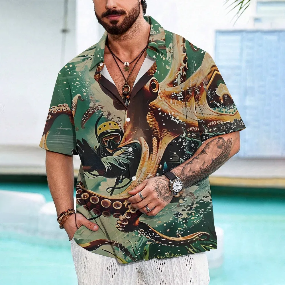 Octopus Diver Printed Casual Oversized Short Sleeve Shirt 2407000599