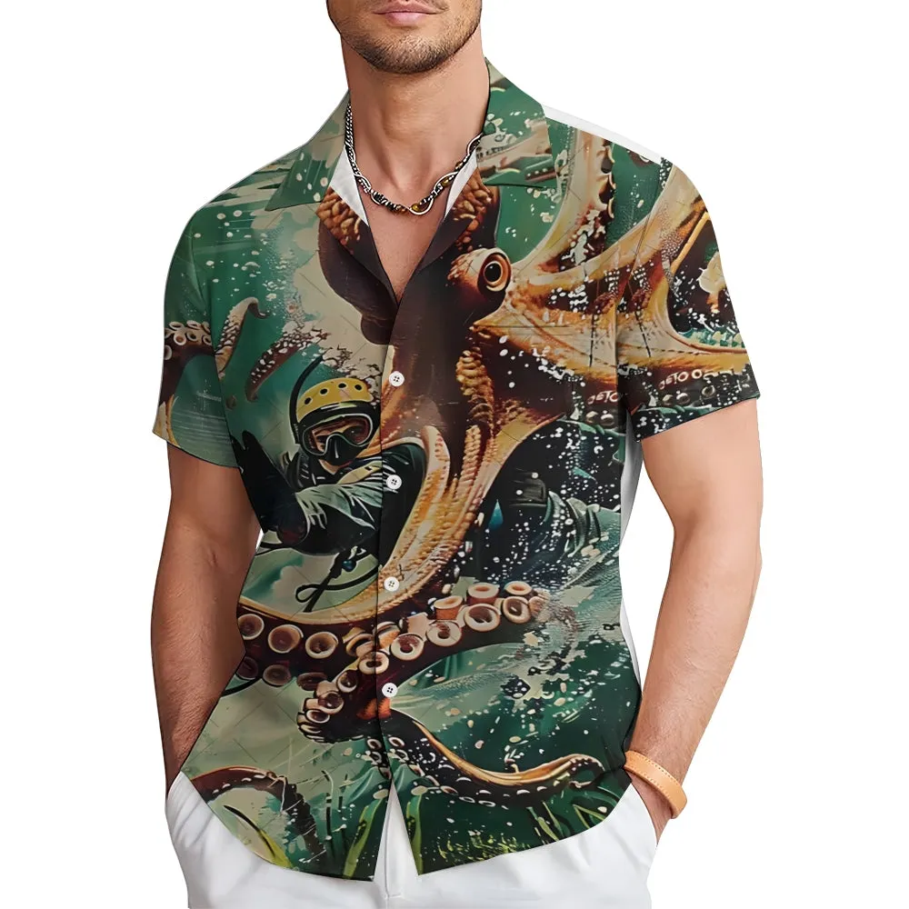 Octopus Diver Printed Casual Oversized Short Sleeve Shirt 2407000599