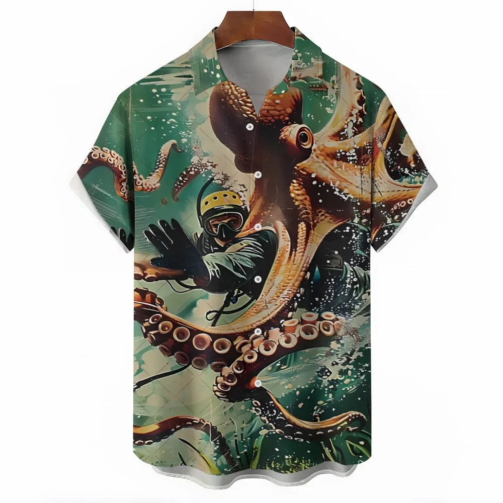 Octopus Diver Printed Casual Oversized Short Sleeve Shirt 2407000599