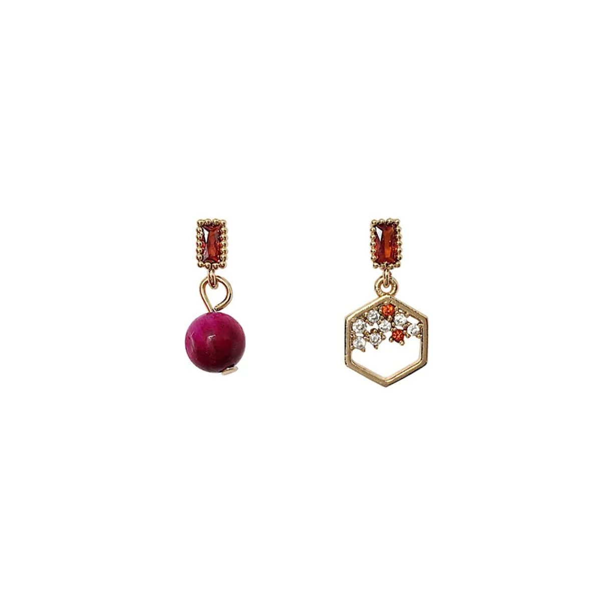 Orange & Purple Agate & Crystal Geometric Asymmetrical Drop Earrings