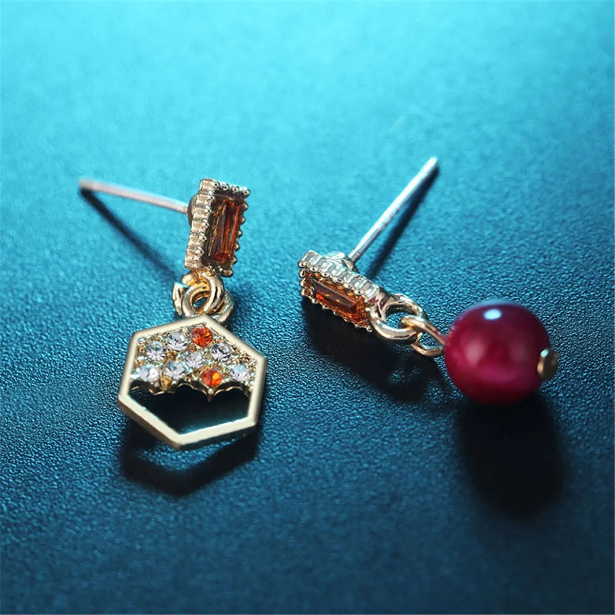 Orange & Purple Agate & Crystal Geometric Asymmetrical Drop Earrings