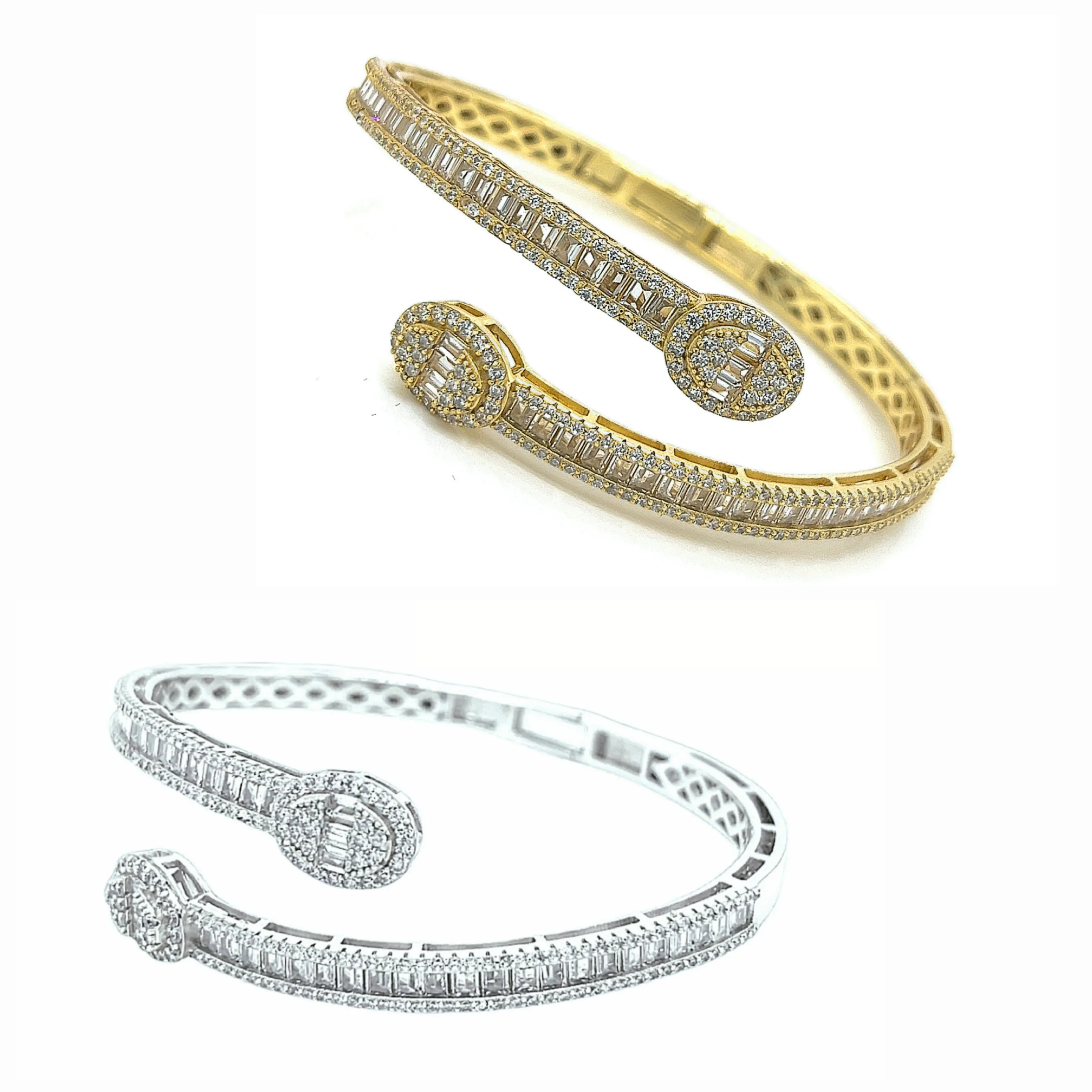 Oval Shaped Bling Iced Out Baguette & Round Zirconia Bracelet Bangle