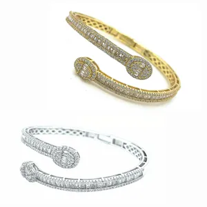 Oval Shaped Bling Iced Out Baguette & Round Zirconia Bracelet Bangle