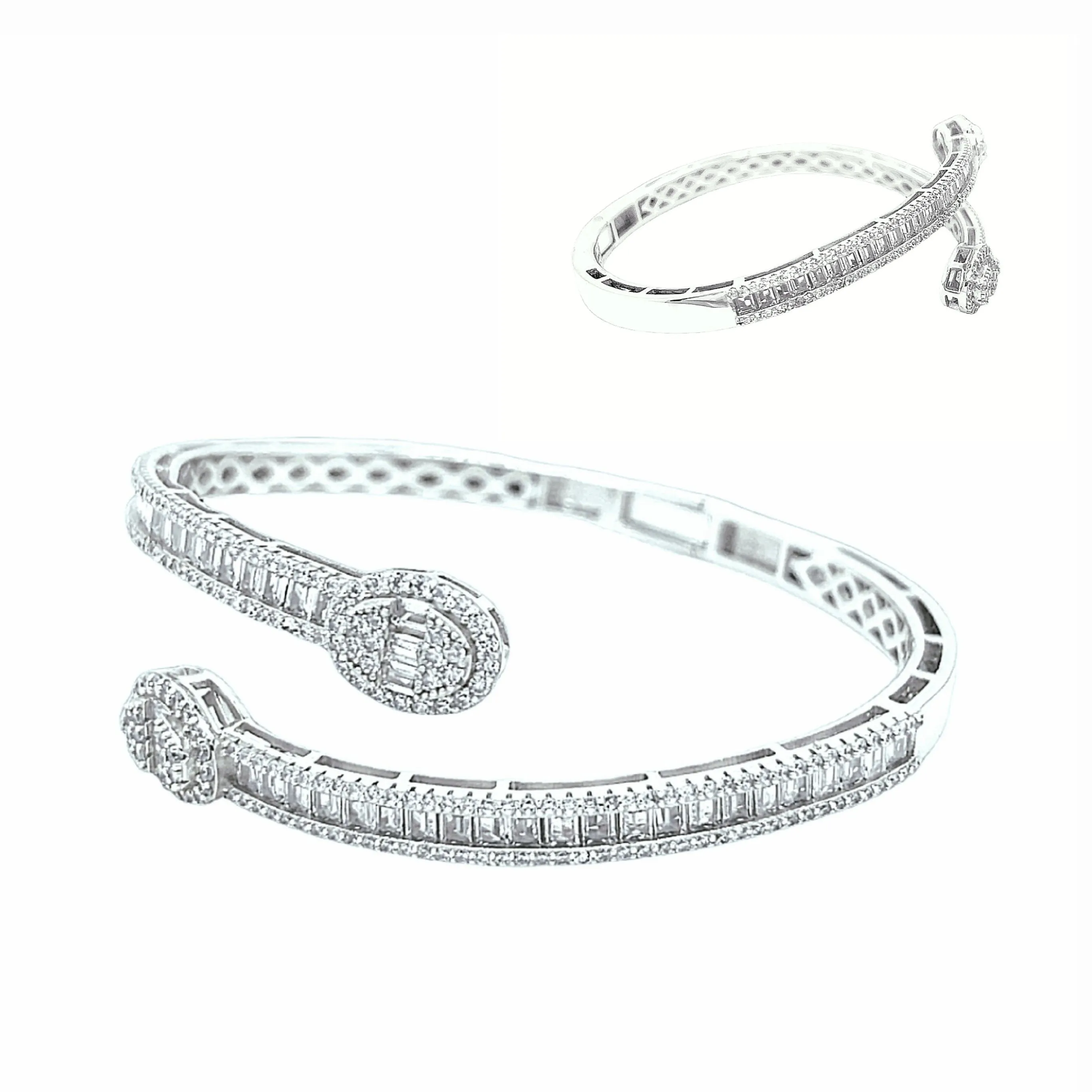 Oval Shaped Bling Iced Out Baguette & Round Zirconia Bracelet Bangle