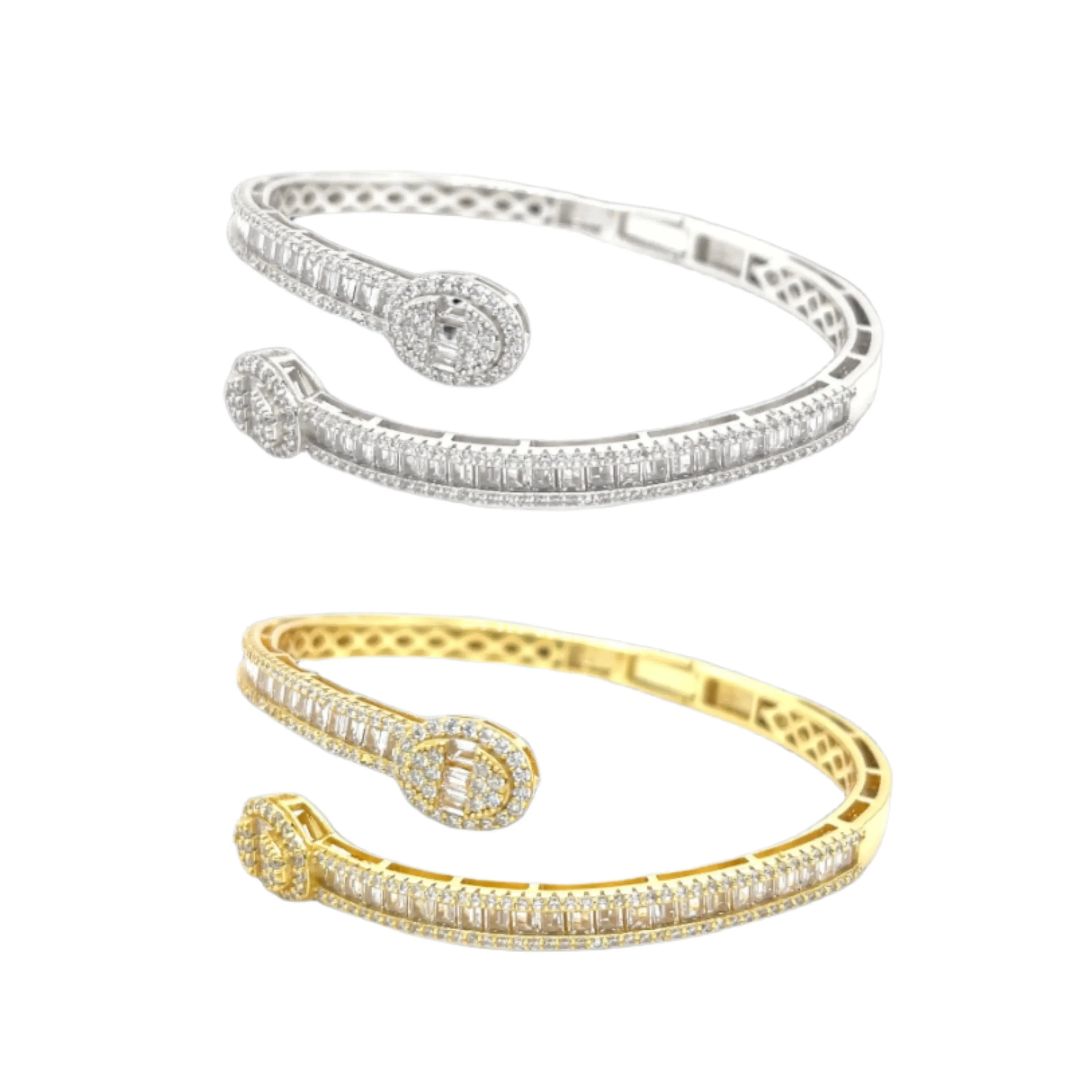 Oval Shaped Bling Iced Out Baguette & Round Zirconia Bracelet Bangle
