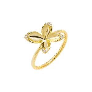 Pave Accented Four Leaf Flower Ring