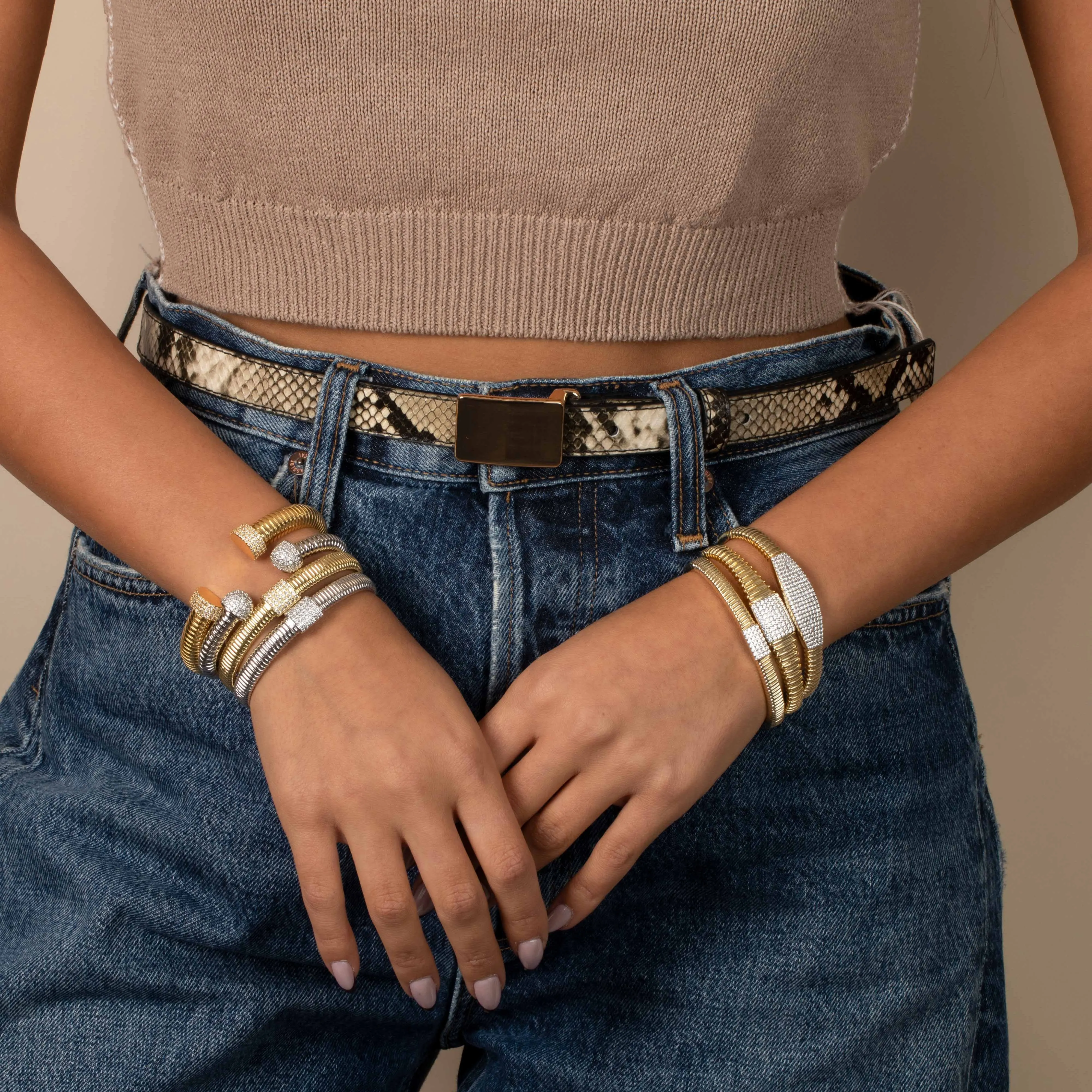Pave Double Ball Open Claw Ridged Bangle Bracelet