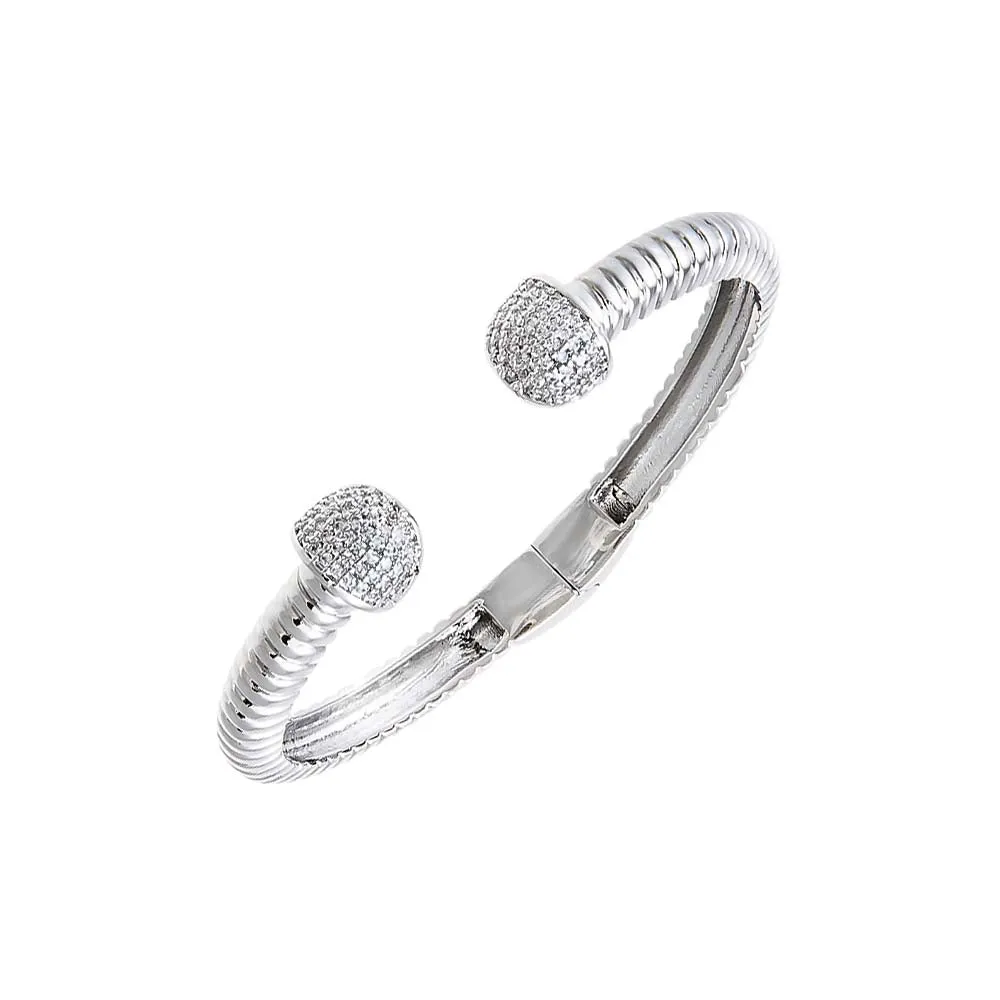Pave Double Ball Open Claw Ridged Bangle Bracelet