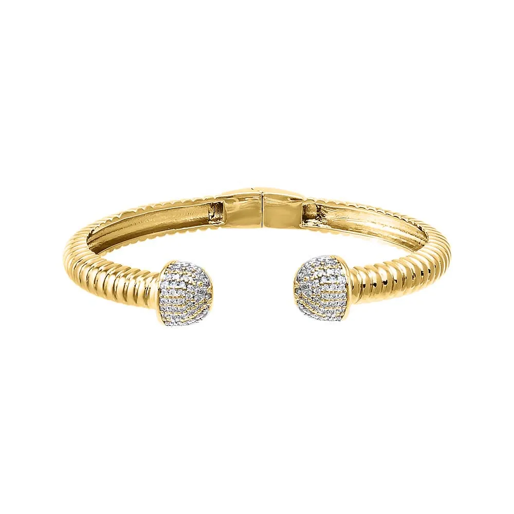 Pave Double Ball Open Claw Ridged Bangle Bracelet