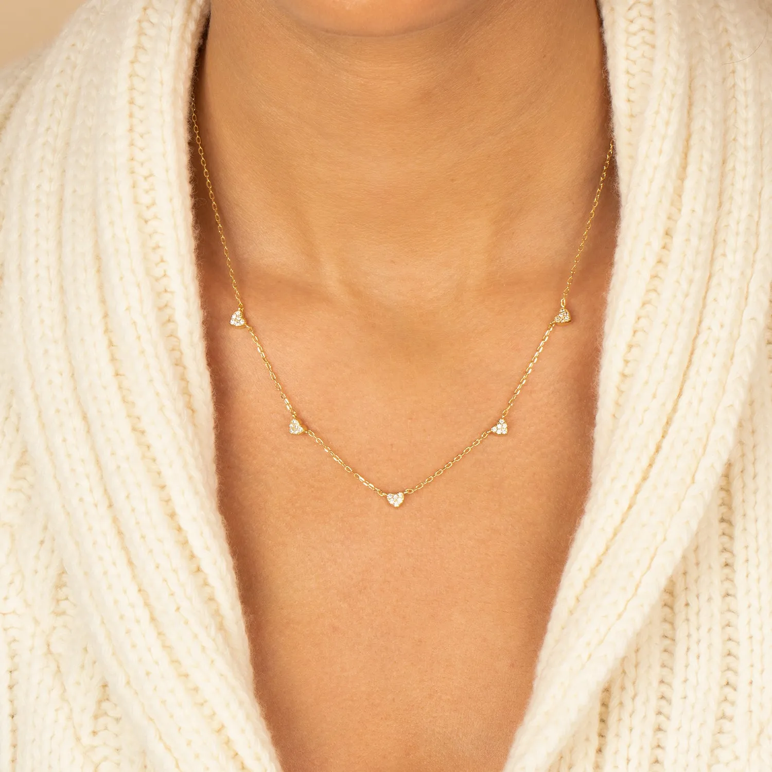 Pave Five Heart Charm Necklace