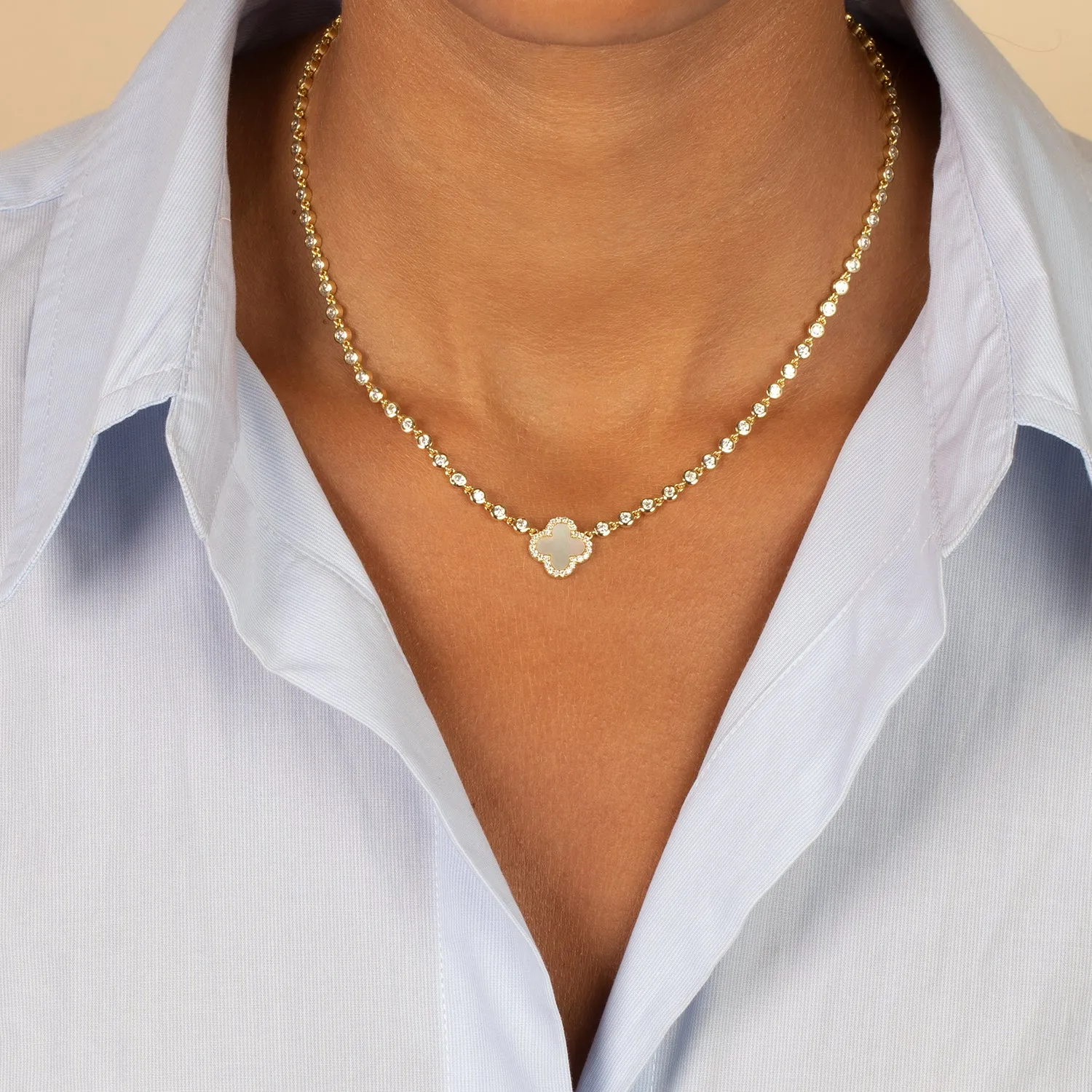 Pave Outline Four Leaf Clover CZ Necklace