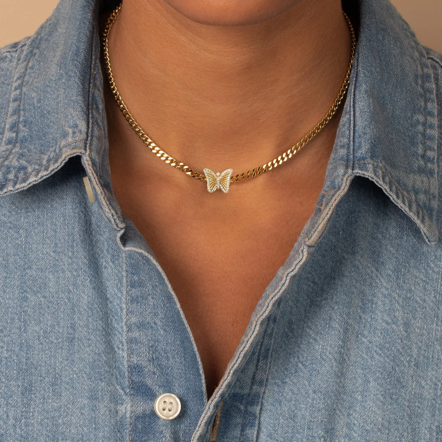 Pave Outlined Butterfly Ridged Pendant Necklace
