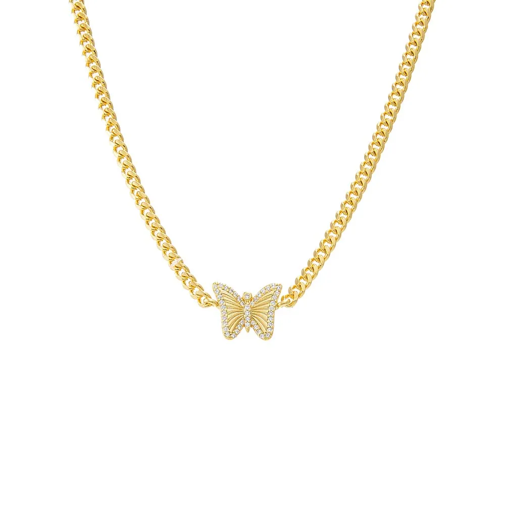 Pave Outlined Butterfly Ridged Pendant Necklace