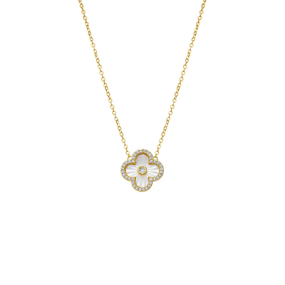 Pave Outlined Colored Stone Clover Necklace