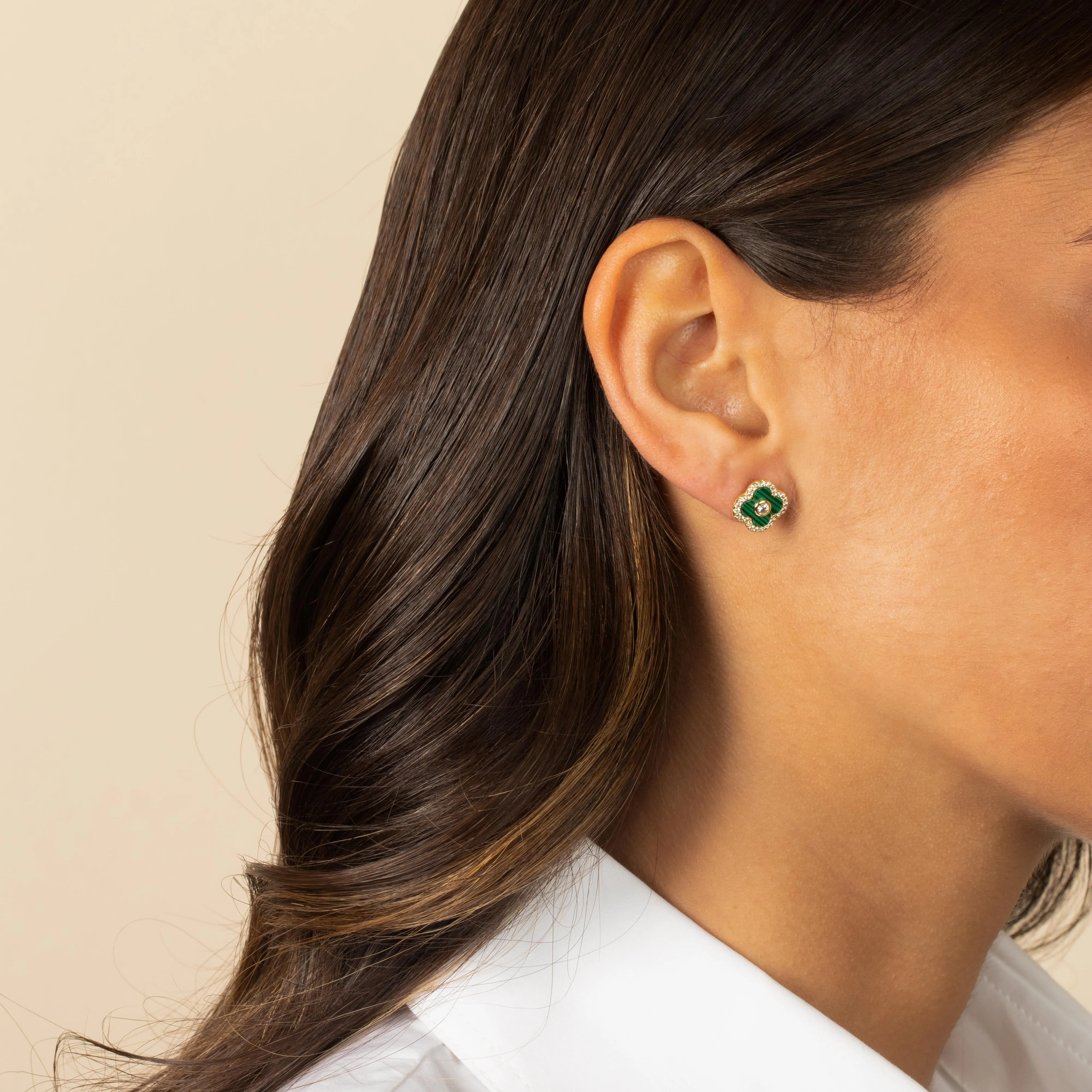 Pave Outlined Colored Stone Clover Stud Earring
