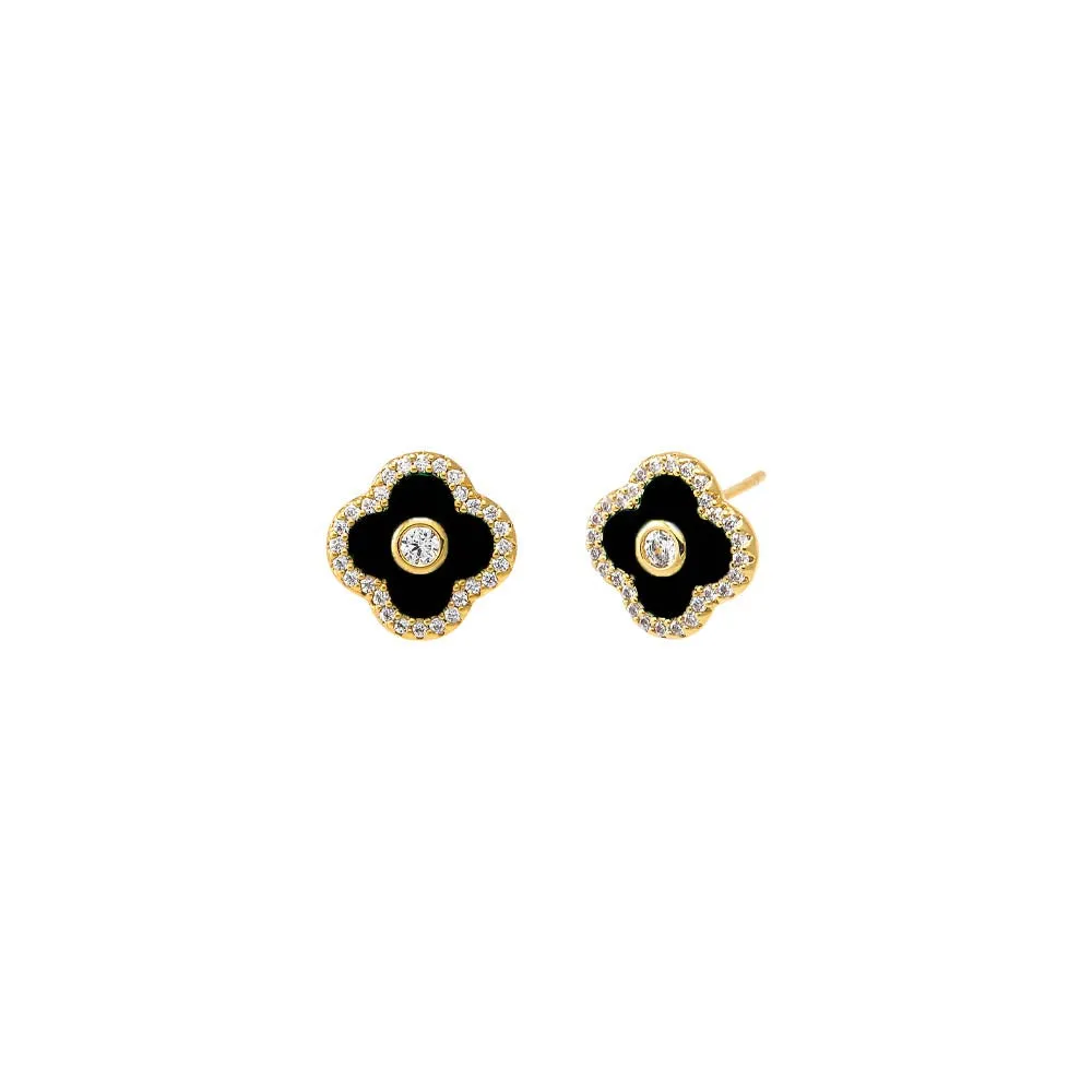 Pave Outlined Colored Stone Clover Stud Earring