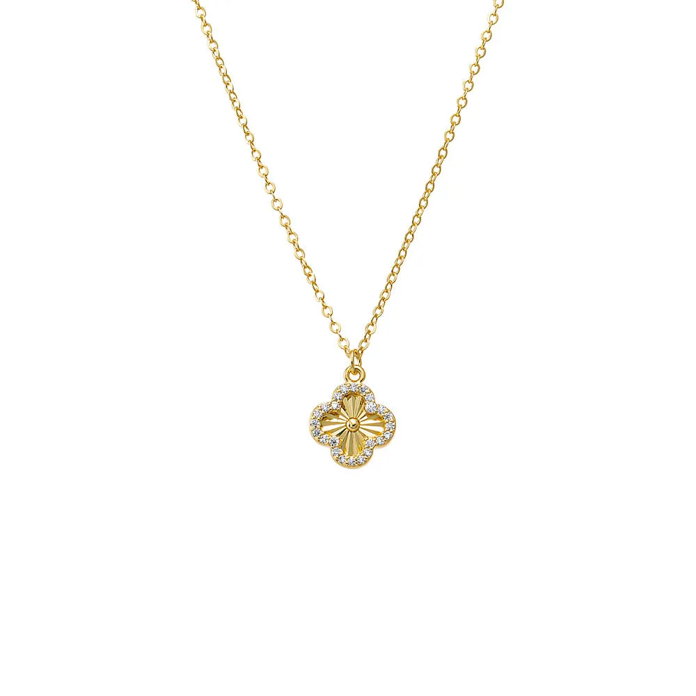 Pave Outlined Ridged Clover Pendant Necklace