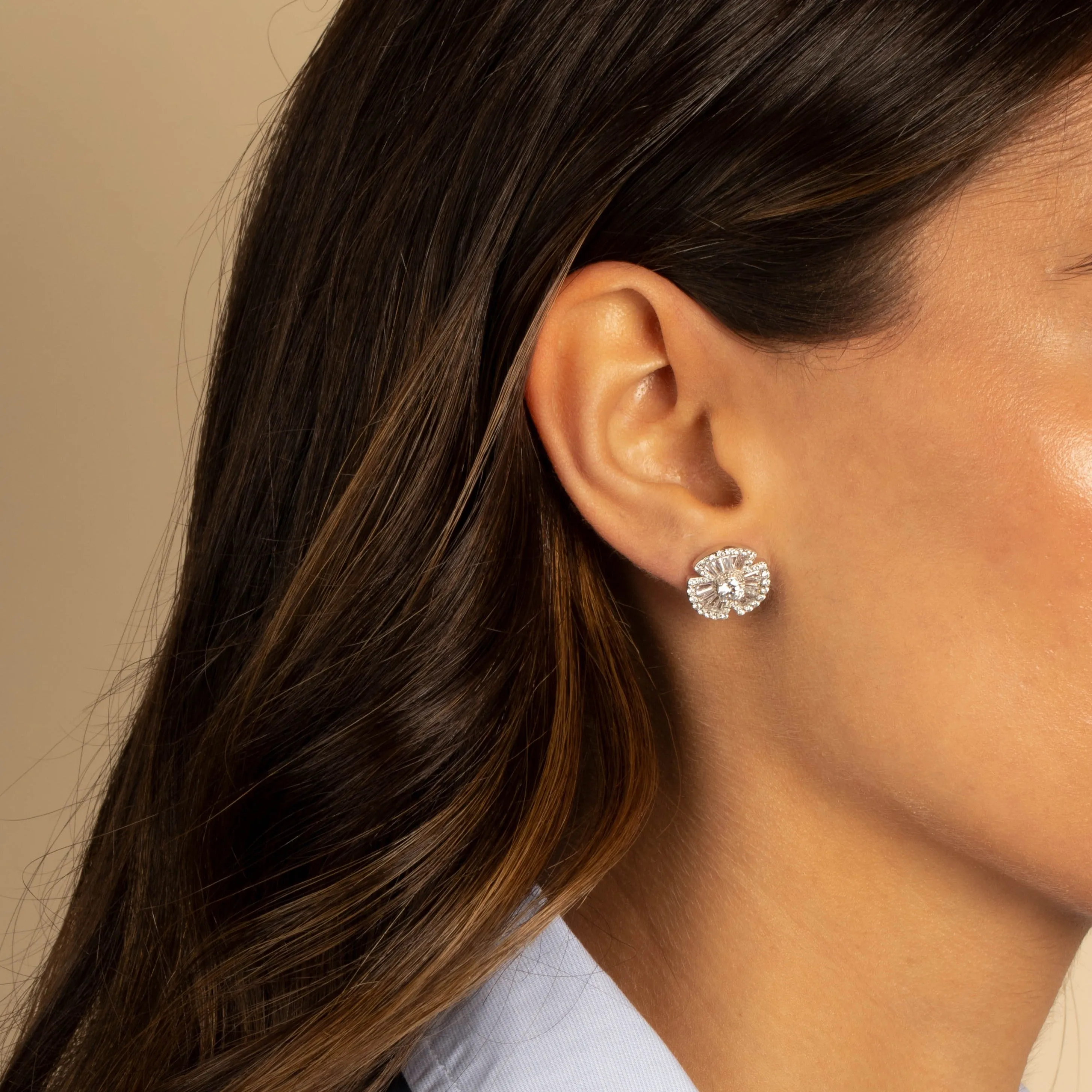 Pave X Baguette Flower Stud Earring