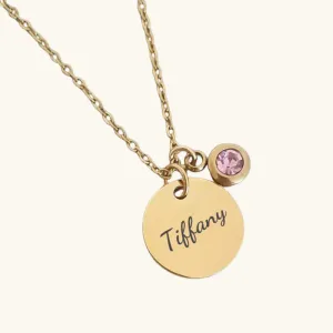 Personalised Disc Necklace - available with Pink or Clear Stone (Ready in 7 days!)