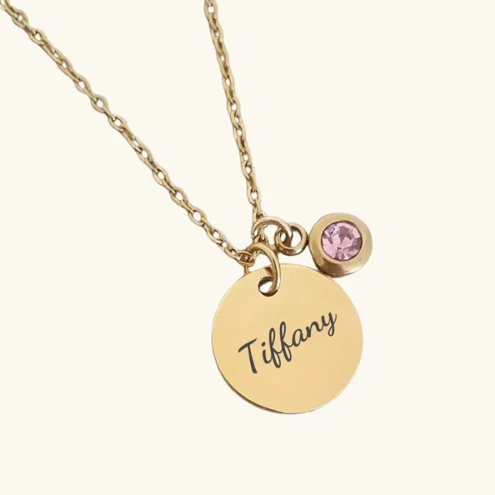 Personalised Disc Necklace - available with Pink or Clear Stone (Ready in 7 days!)