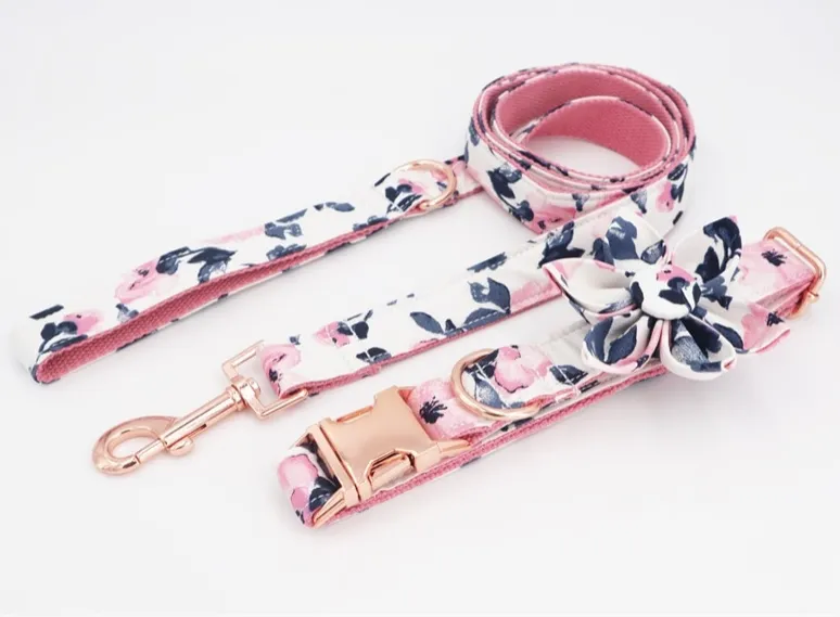 Pink And Black Florals | Personalized Dog ID Collar Leash Set
