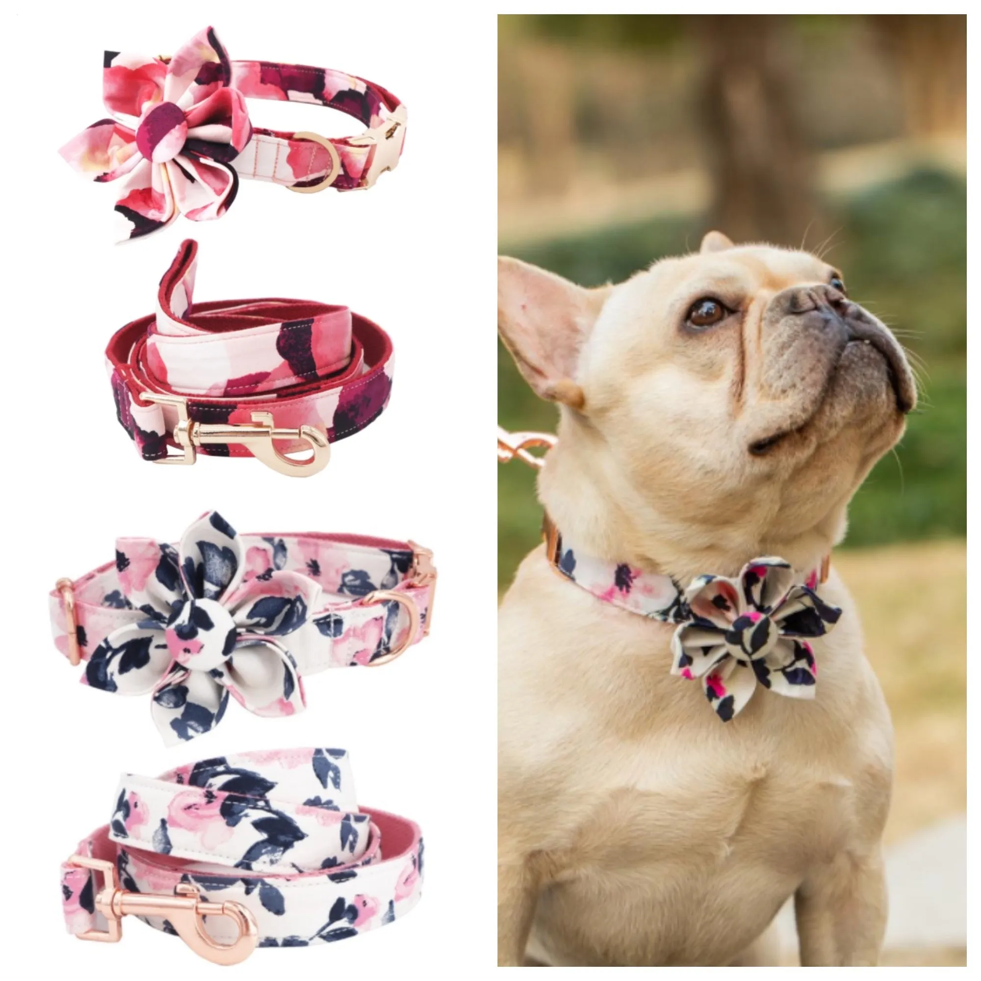 Pink And Black Florals | Personalized Dog ID Collar Leash Set