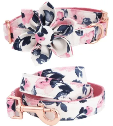 Pink And Black Florals | Personalized Dog ID Collar Leash Set
