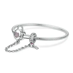 Pink Diamond Heart Lock & Key Safety Charm Bracelet