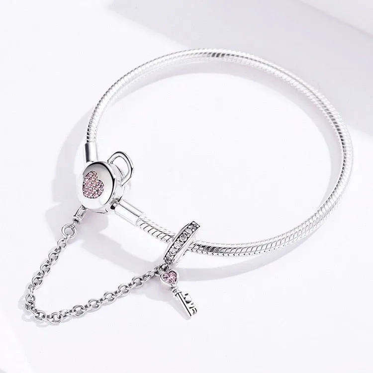 Pink Diamond Heart Lock & Key Safety Charm Bracelet