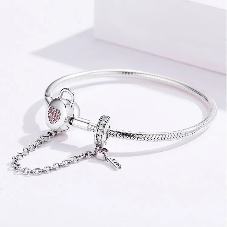 Pink Diamond Heart Lock & Key Safety Charm Bracelet
