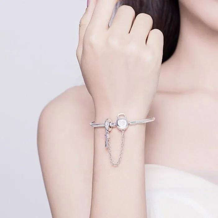 Pink Diamond Heart Lock & Key Safety Charm Bracelet