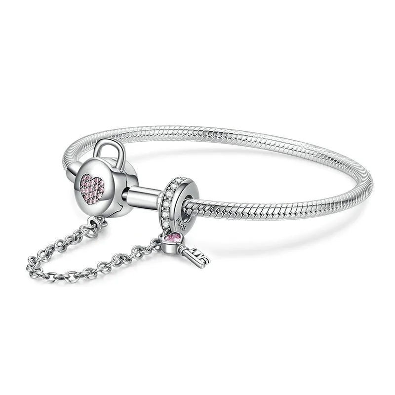 Pink Diamond Heart Lock & Key Safety Charm Bracelet