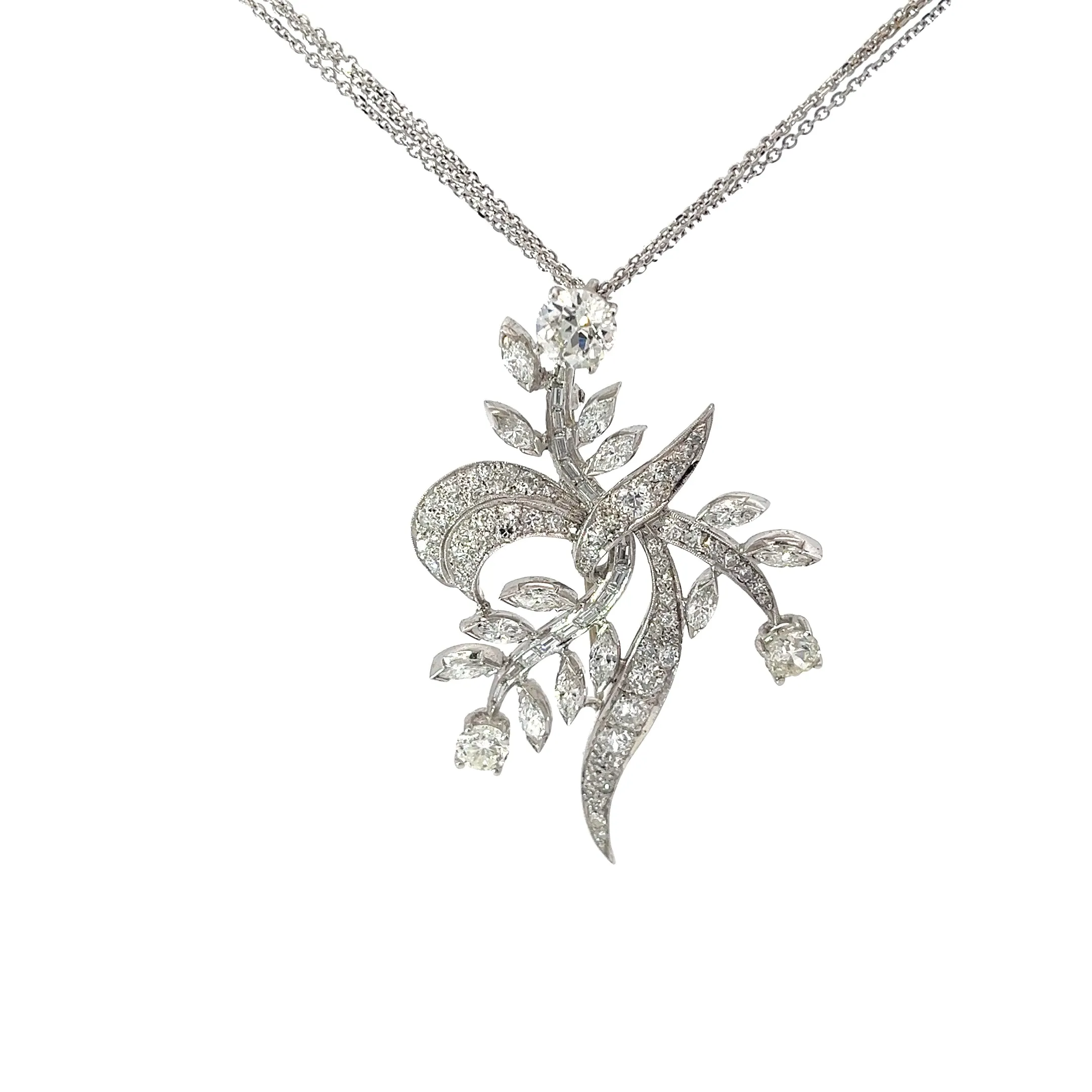 Platinum 1.25ct Old Mine Cut Round Center Diamond and 3.00ct Total Weight Diamond of Marquise, Round Vintage Brooch Necklace