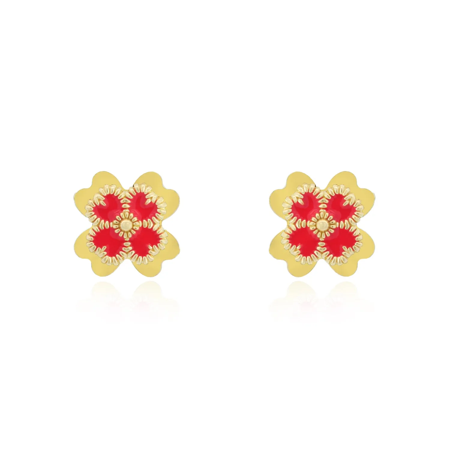Red Enamel Four Leaf Clover Stud Earrings