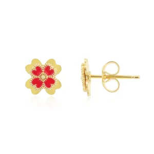 Red Enamel Four Leaf Clover Stud Earrings