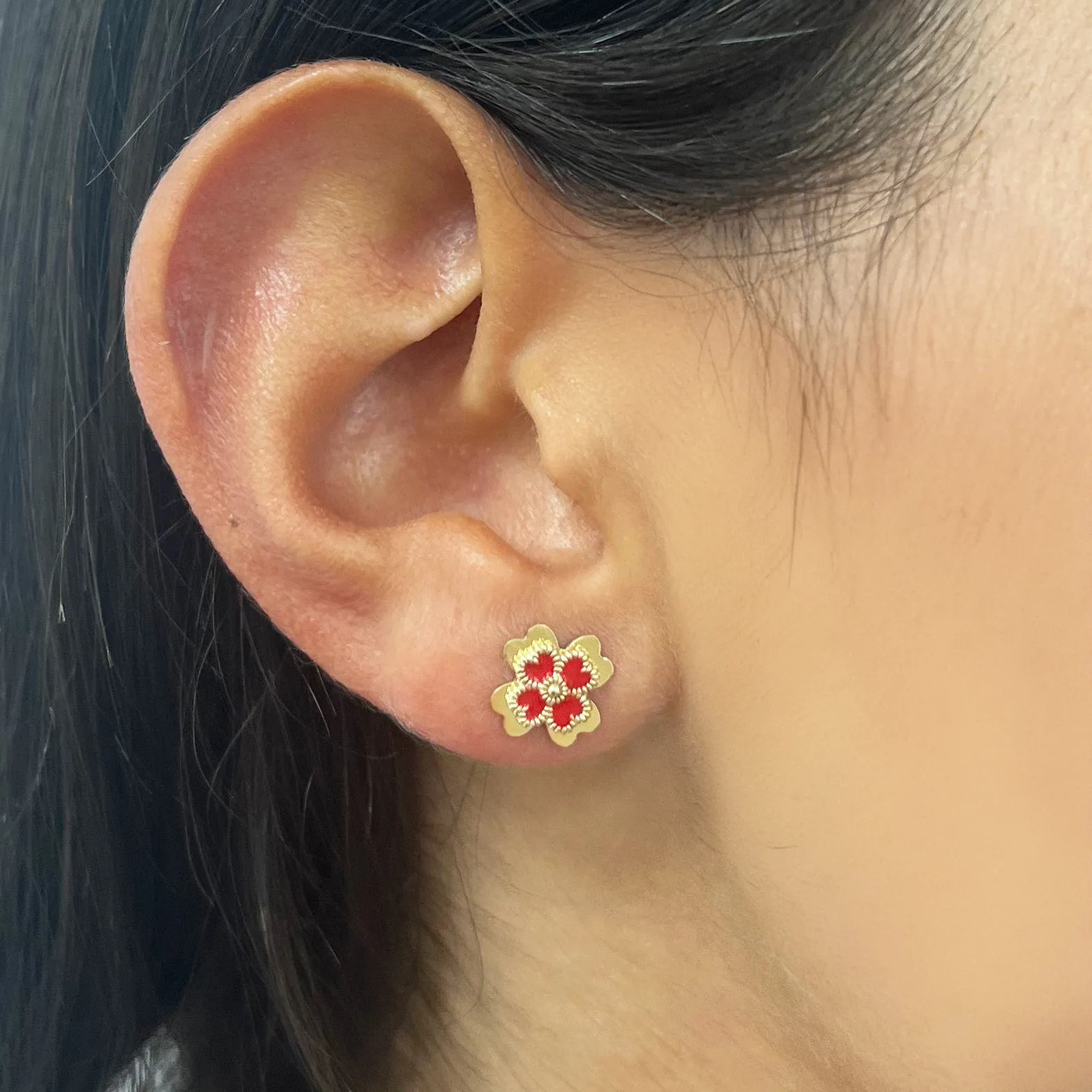 Red Enamel Four Leaf Clover Stud Earrings