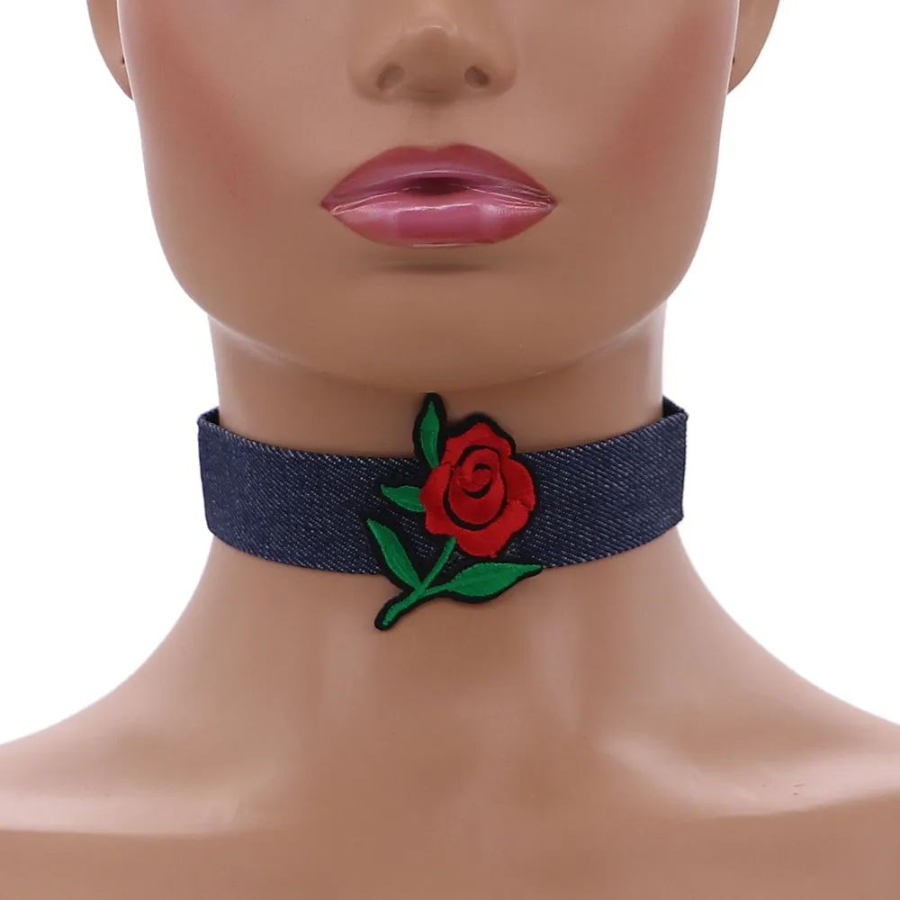 Red Flower Denim Embroidery Choker Necklace
