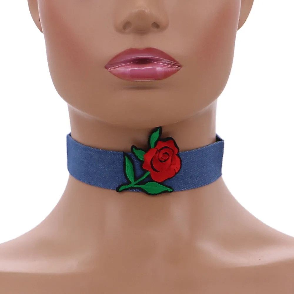 Red Flower Denim Embroidery Choker Necklace