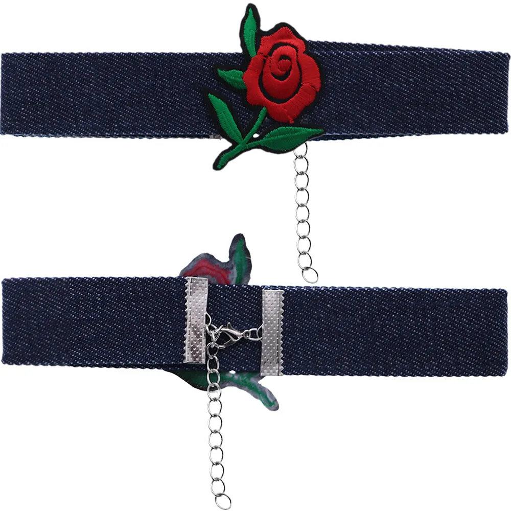 Red Flower Denim Embroidery Choker Necklace