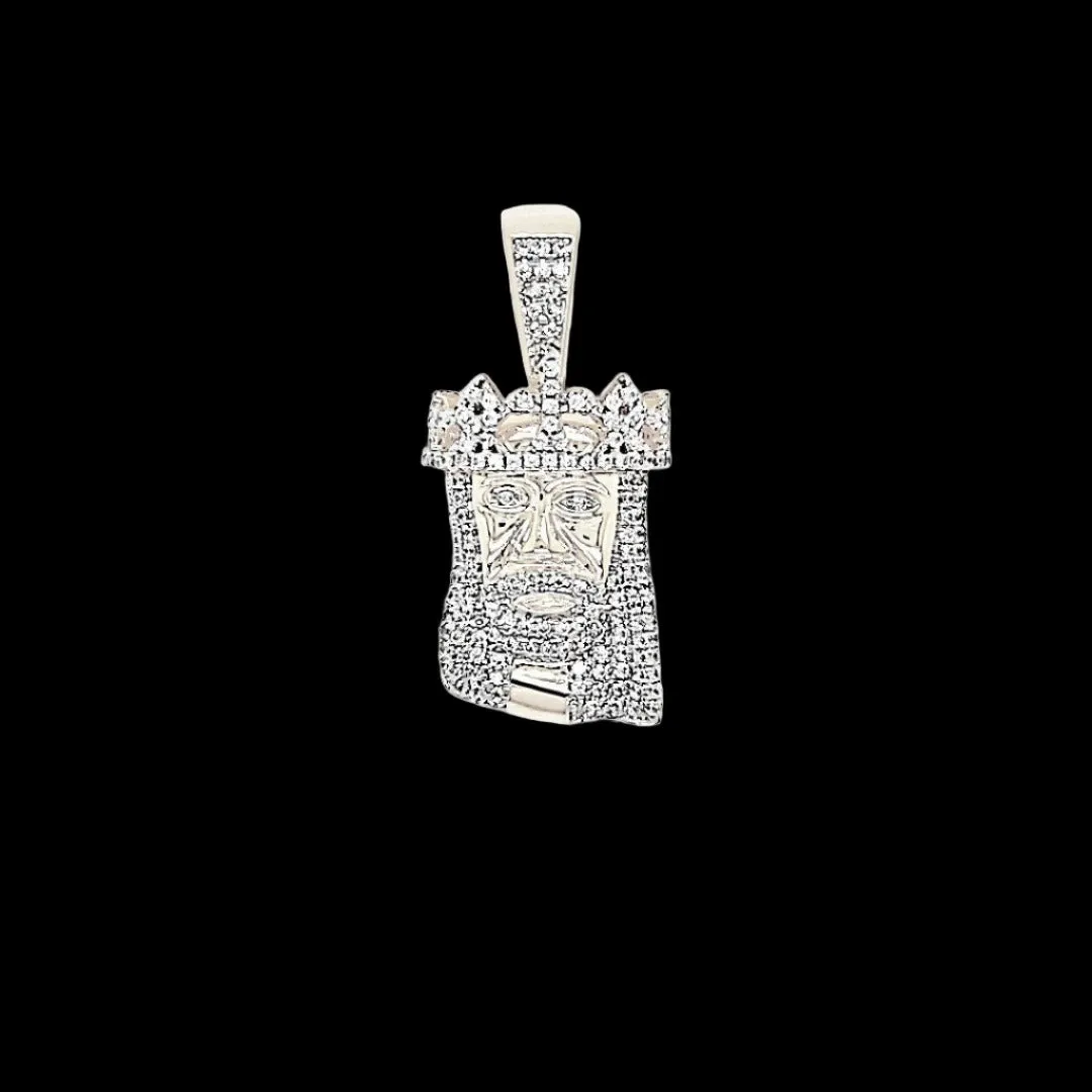 Religious Iced Out Jesus Face with Crown Silver 1.75" Charm Pendant - C43659