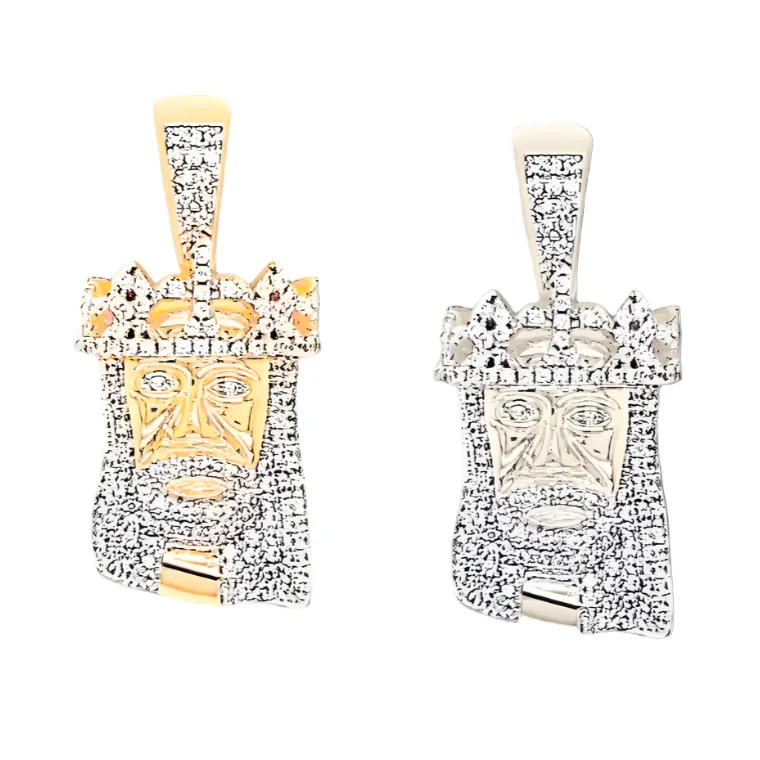 Religious Iced Out Jesus Face with Crown Silver 1.75" Charm Pendant - C43659