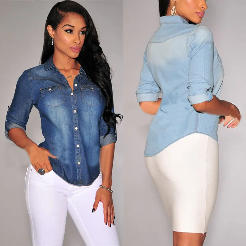Retro Blue Jean Soft Denim Long Sleeve Tops Blouse Casual Shirt