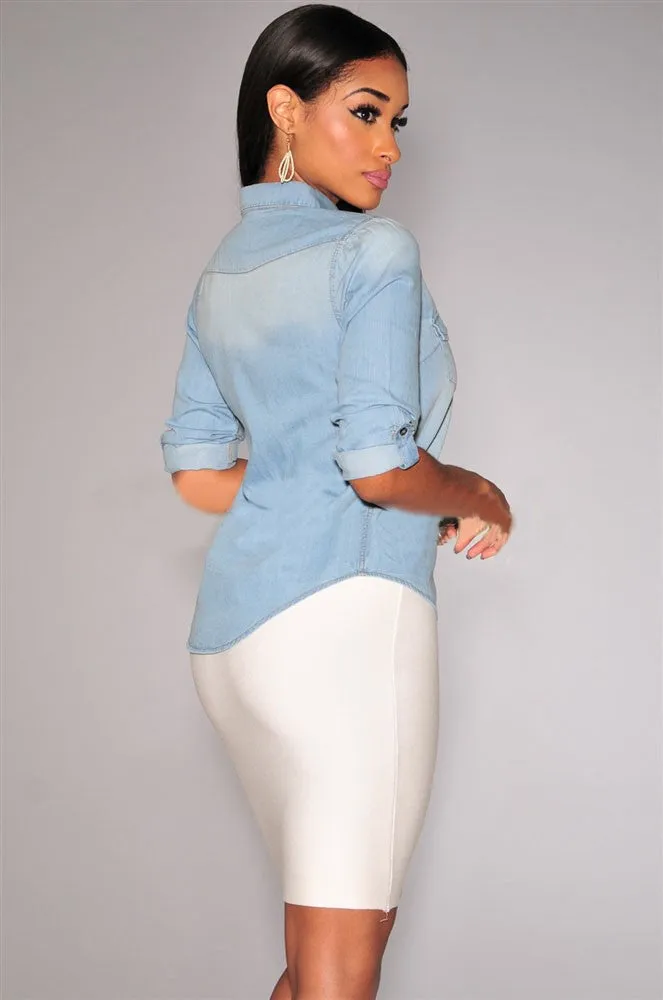 Retro Blue Jean Soft Denim Long Sleeve Tops Blouse Casual Shirt